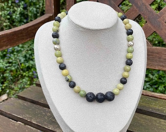 Chunky beaded green necklace, agates, silver beads, lava stones