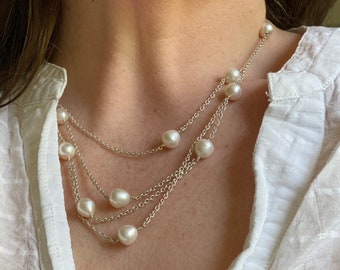 Preowned silver necklace with white freshwater pearls, KbyK, Denmark