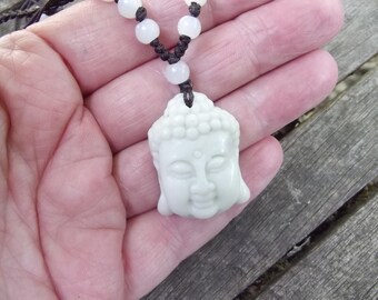 Carved buddha head white jade pendant necklace
