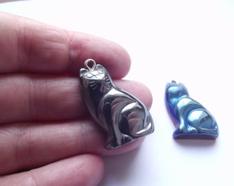 1 sculpted hematite cat pendants