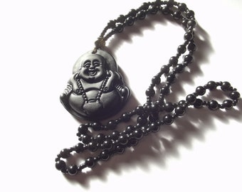 Superbe pendentif boudha sculpté en obsidienne, TIA-92