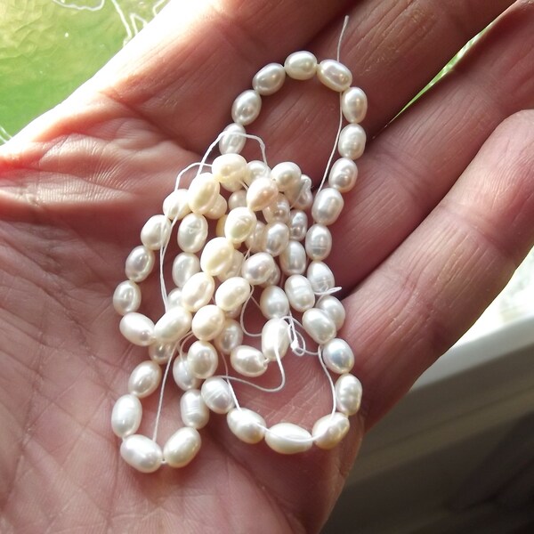 50+ 5-6mm AA+ Strand of white freshwater pearls, irregular oval shapes. TIA-94