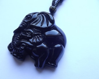 Elephant and baby pendant sculpted obsidian