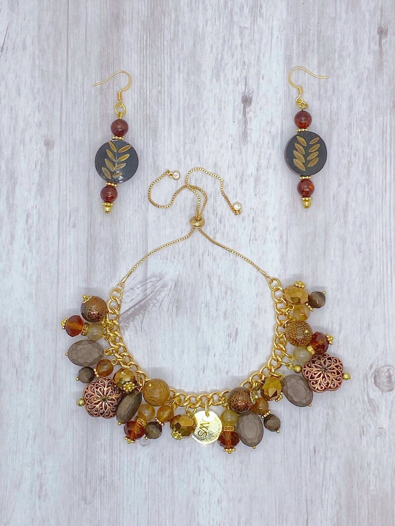 CHARM BRACELET SET w/ Brown & Bronze, Matching Dangle Earrings, Adjustable Sliding Clasp, Amber Bead Jewelry, on sale Bronze Flower Charm