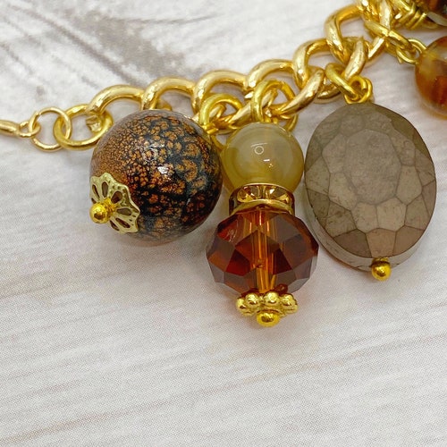 CHARM BRACELET SET w/ Brown & Bronze, Matching Dangle Earrings, Adjustable Sliding Clasp, Amber Bead Jewelry, on sale Bronze Flower Charm