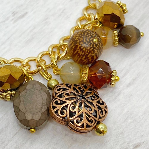 CHARM BRACELET SET w/ Brown & Bronze, Matching Dangle Earrings, Adjustable Sliding Clasp, Amber Bead Jewelry, on sale Bronze Flower Charm