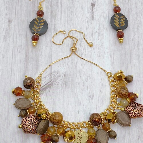 CHARM BRACELET SET w/ Brown & Bronze, Matching Dangle Earrings, Adjustable Sliding Clasp, Amber Bead Jewelry, on sale Bronze Flower Charm
