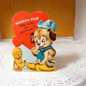 Old Valentines Day Card Vintage, 1950s Retro Kids, cards for children, Ephemera cute cartoon dog, puppy, duck, wooden shoe like to be my