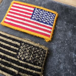 1 vintage USA velcro Reversed American flag patch U.S military uniform tape, green and black, United States, embroidered gold trim thread