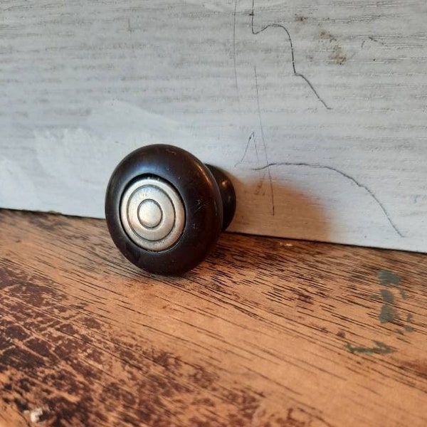 Vintage small knob for nightstand, antique drawer pull with silver metal center, night stand hardware, Espresso Brown