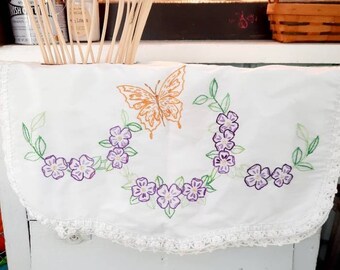 Vintage Hand Embroidered White Table Runner with Embroidery Flowers, purple floral & Butterfly decor, crochet lace trim, old fashioned