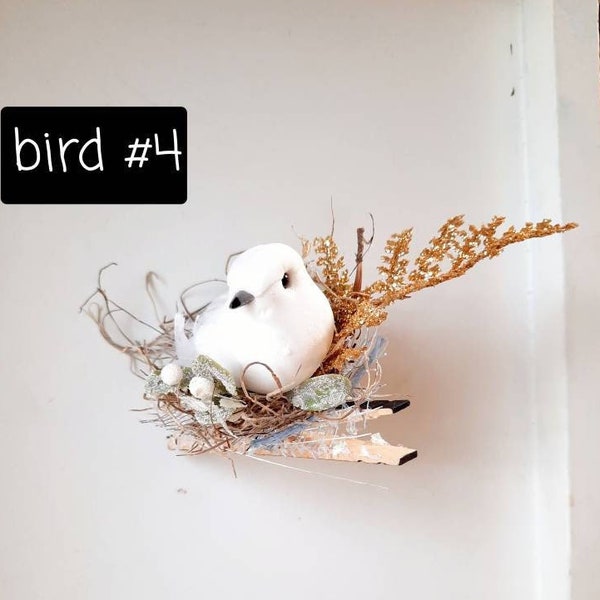 Decorative Bird Clip on Ornament Nest, Home Decor Small White Decoration for Winter Tiered Tray, Hanging Gold glitter Leaf floral accent
