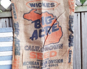 Vintage "Big Acre" Burlap Feed Sack, Stenciled Farmhouse Decor (36x21)