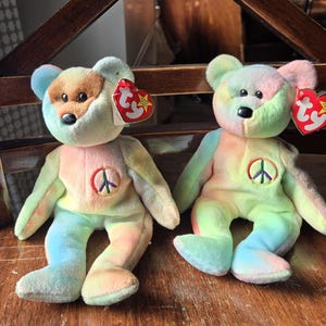 90s TY Beanie Babies "Peace" Bear - 1996, tye dye plush pellet stuffy, tie dye rainbow stuffed retro toys 1990s, with brown face