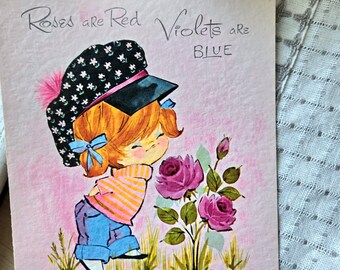 Vintage GET WELL Card ephemera Greeting, Antique, Retro 1960s 60s Mid-Century Illustration Cute Little Girl, Davey artist, pink roses