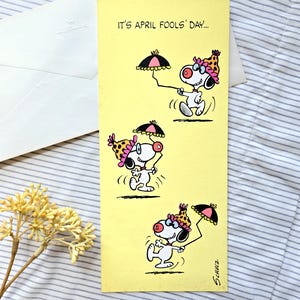 Vintage Peanuts Snoopy Card, retro Charles Schulz, APRIL FOOLS DAY,  funny, humor, 1950s hallmark holiday greeting, old ephemera
