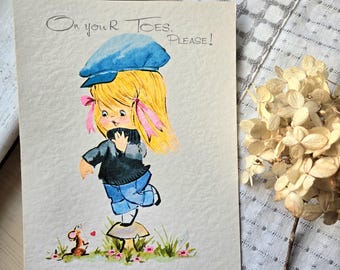 Vintage ephemera Get Well Card Greeting, Antique, Retro 1960s Mid-Century Illustration Little Girl, Davey hallmark  mushroom, on your toes