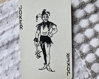 Carta de juego Joker vintage de los años 40-60, con reverso blanco y negro, diseño de bufón Marotte WKY, coleccionable, antigua, de mediados de siglo, 1 unidad.
