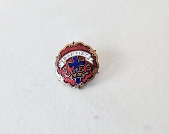 Vintage Baptist Sunday School Cross & Crown Enamel Pin by Little's System / Uncas memorabilia, Church History Small Collectible / 60s 1970s