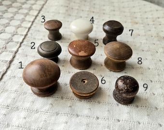 1 tiny knob vintage tiny pull assorted wooden ceramic hardware for small cubby cupboard, aged old farmhouse style, Distressed worn primitive