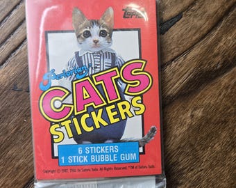 Vintage 1980s Perlorian Cat Stickers Topps Trading Cards 1 pack collectible with bubble Gum, 80s Satoru Tuda 1982, 1983, funny kitty costume