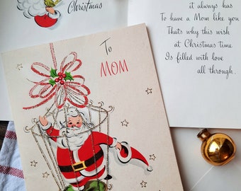 Vintage mid-century 1950s Retro &quot;To Mom&quot; Christmas card for Mother, Santa clause 50s holiday Volland, 40s 50s ephemera, old aged w/ envelope