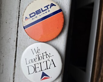 2 Vintage 80s Delta Air Lines Pins Lot – “We Love To Fly” + Classic Logo Button Pins – Airline Memorabilia 1980s Collectible