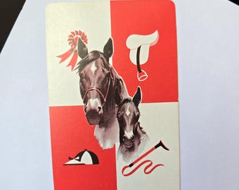 Vintage Picture Equestrian Horse Swap Playing Card – Red & Cream Design with Mare and Baby Foal, Saddle, Helmet  Crop