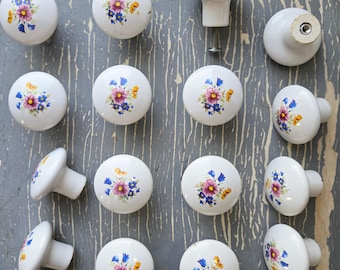 Vintage flower knob pull, white ceramic 1 3/8" small Drawer Hardware for Cute Floral Shabby Chic Furniture Dresser, cabinet with screw