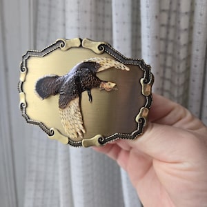 Vintage retro western 1970s Brass Enamel Flying Turkey Belt Buckle, Hunting sportsman, bird wings animal, unique Collectible for men
