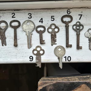 May include: A collection of ten antique keys of various shapes and sizes, arranged in a row. The keys are made of metal and show signs of age and wear, with a range of colors from silver to dark brown. The keys are displayed against a white background.