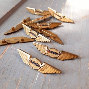 1 Vintage Delta Airline Pin JR Pilot, retro flight attendant badge, Gold wings, flying, costume uniform, lapel brooch, oval