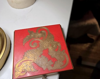 Vintage aged collectible compact powder makeup case, red and gold brass mirror cosmetic, 3 1/4" square, etched metal floral, etching
