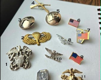 1 Vintage US Military Lapel Pins, Service Uniform Badge, Tie tack - WWII, Army Insignia, Airborne USMC Eagle Flag, Small Wings, shadow box