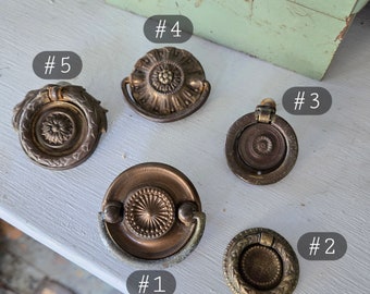 1 vintage patina drawer drop handle ring pull, round ring knob,  old brass & plastic, dresser or desk restoration hardware metal 1.5&quot; center