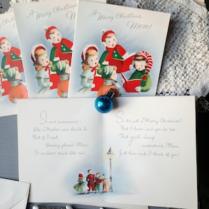 Mom cute merry christmas greeting card vintage ephemera 1950s, 50s carolers, to mother