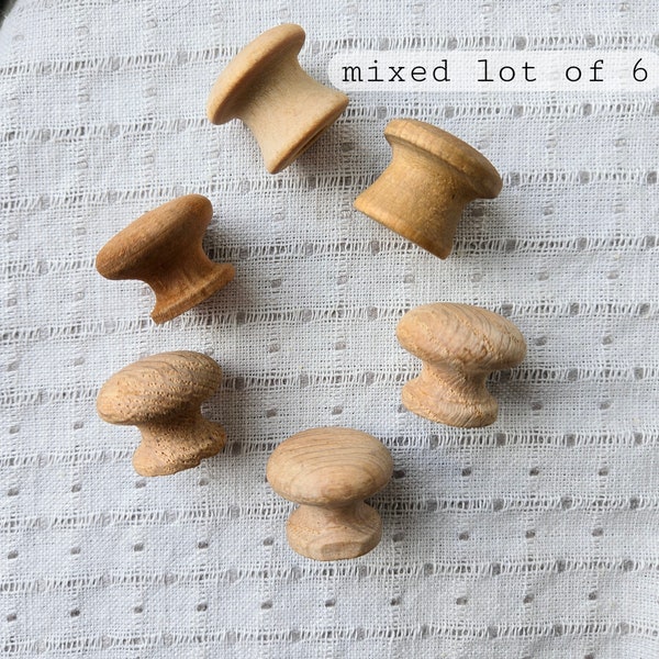 Vintage VARIETY MIXED LOT 6 mini 1" wood knob pulls, small button mushroom wooden hardware for cubby cabinet, assorted pieces, light blank