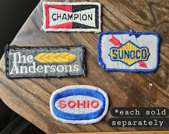 Pick 1 Vintage Embroidered Patch -  Collectible Retro Badges, worn thread patches, Sunoco, Sohio, The Andersons, Champion