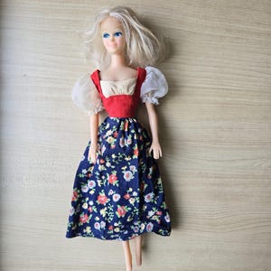 Retro 70s barbie dress, Vintage doll clothing, 1970s floral print, sheer puff sleeves, Flower fabric clothes boho peasant style, bohemian