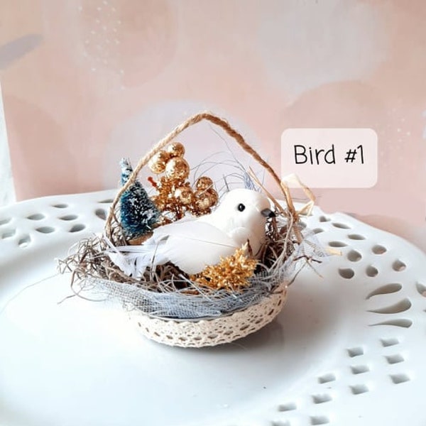 1 Mini White Bird Ornament Nest Decoration, small hanging Winter Home Decor, dove, Holiday for tiered tray, lace twig moss, foam feather