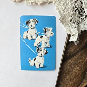 vintage dog playing trading card, small wire fox terrier, retro blue illustrated art print for scrapbook, junk journal picture supplies,