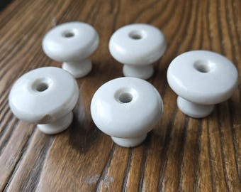 Vintage White Ceramic Cabinet Knobs 1.25" Drawer Pulls - Pre-Owned Porcelain Mushroom Knobs - Farmhouse Kitchen Hardware - Choose Quantity