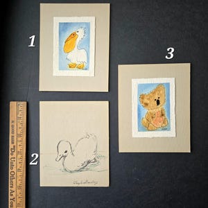 1 vintage small original art 70s Michigan artist, animal painting by Vera Misko pelican, teddy bear, 5" duck Burley, simple painted lines