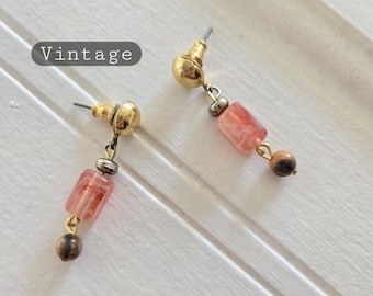 Vintage Gold Tone Coral Pink Glass Bead Dangle Earrings | Rectangular Swirl Beads with Round Marblized Beads