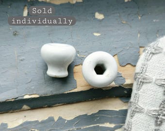 1 single Vintage Ceramic Cabinet Knob 3/4" – tiny small Mushroom Donut Style Porcelain Pull, Hexagon center screw hole