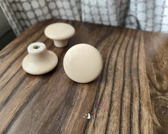 Vintage Tan Beige Porcelain knob for dresser, 1 1/2" cabinet pulls 1.5", ceramic hardware Japan, small round