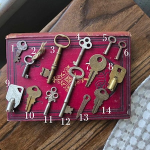 May include: A collection of 14 antique keys, some with intricate designs, arranged on a red book with white numbers indicating their order.