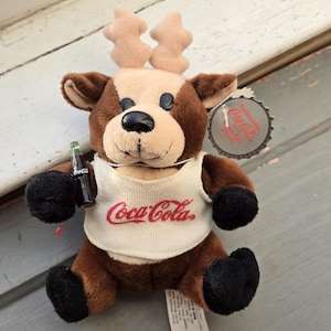 1997 vintage plush Coca Cola reindeer in shirt style #0133, bean bag plushy, 90s coke stuffy, 1990s beanie animal with tags, collectible, 6&quot;
