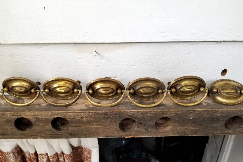 Lot Of 6 Vintage Gold Brass Drawer Pulls Mid Century Hardware Etsy