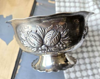Vintage Silver Plated Pedestal Bowl | Ornate Embossed Floral Fruit Compote Dish | Irvin Hirsch Jeweler Flint MI | Scalloped Rim Bonbon Nut